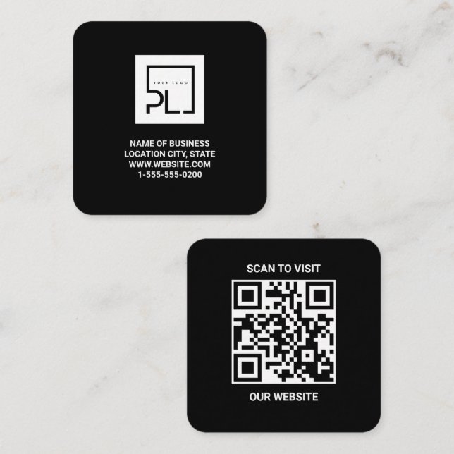 Modern Black Custom Logo and QR Code Square Busine Business Card (Front/Back)