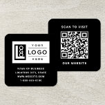 Modern Black Custom Logo and QR Code Square Business Card<br><div class="desc">Modern and minimal black and white square business card design features your business logo and custom QR code on the back. Customise the wording with your preferred business information,  such as the business name,  address,  phone number,  or website. Black background and white text colour can be changed.</div>