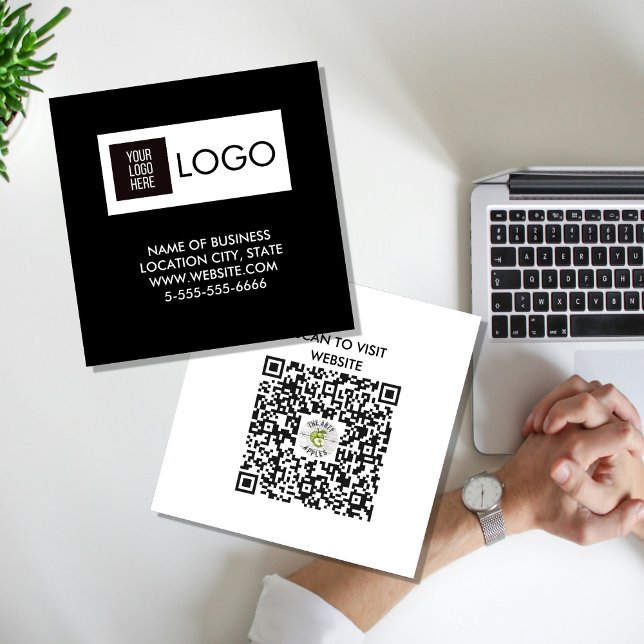 Modern Black Custom Logo & QR Code Square Business Square Business Card (Creator Uploaded)