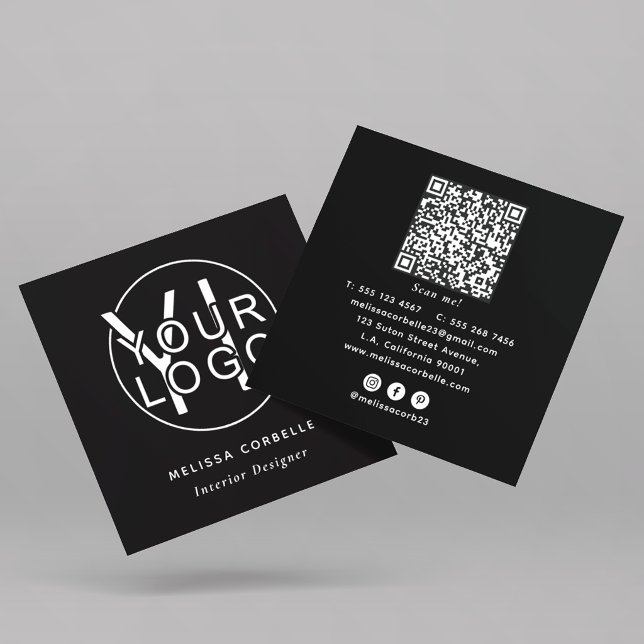 Modern Black Custom Logo, Social Media & QR Code Square Business Card (Creator Uploaded)