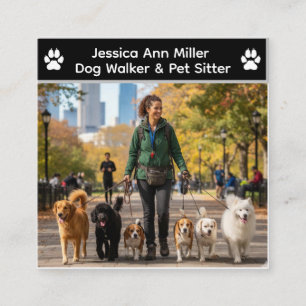 Modern Black Custom Photo Dog Walker & Pet Sitter Square Business Card