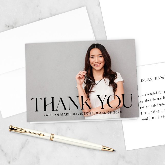 Modern Black Custom Photo Graduation Thank You Card (Creator Uploaded)