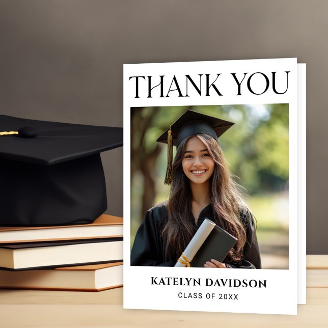 Modern Black Custom Photo Graduation Thank You Card (Creator Uploaded)