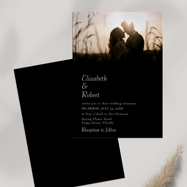 Modern Black Custom Photo Wedding Invitation (Modern Black Custom Photo Wedding Invitation on white table with dry wildflower.)