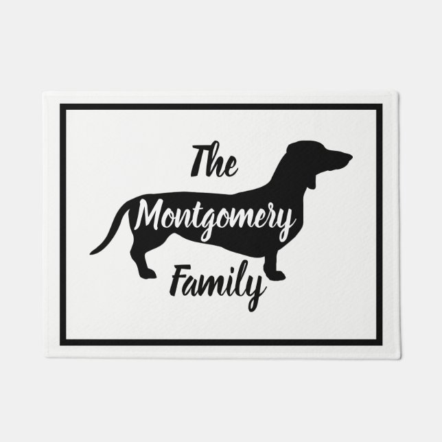 Modern Black Dachshund & Family Name Doormat (Front)