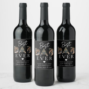 Modern Black Dad Photo Collage Father Day Gift Wine Label
