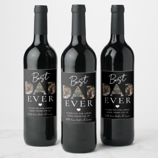 Modern Black Dad Photo Collage Father Day Gift Wine Label