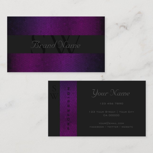 Modern Black Dark Grey Purple Colours Cool Monogra Business Card (Front/Back)
