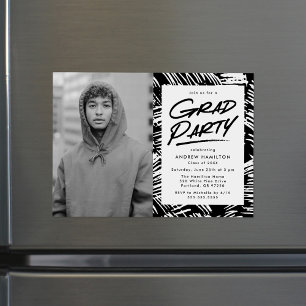 Modern Black Dashed Grad Photo Graduation Party Magnetic Invitation