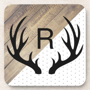 Modern Black Deer Antlers Faux Wood & Pattern Coaster