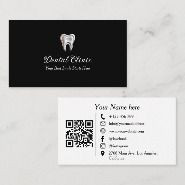 Modern Black Dental Clinic Logo QR Code Dentist Business Card (Front/Back)