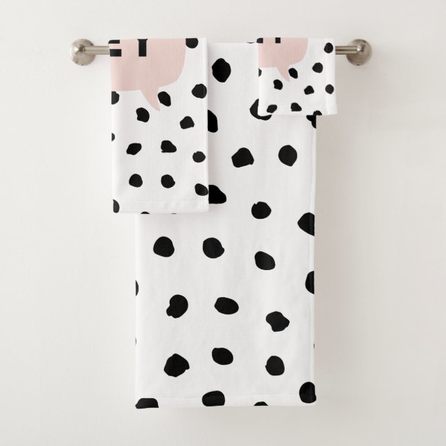 Modern Black Dots & Bubble Chat Pink With Hey Bath Towel Set (Insitu)