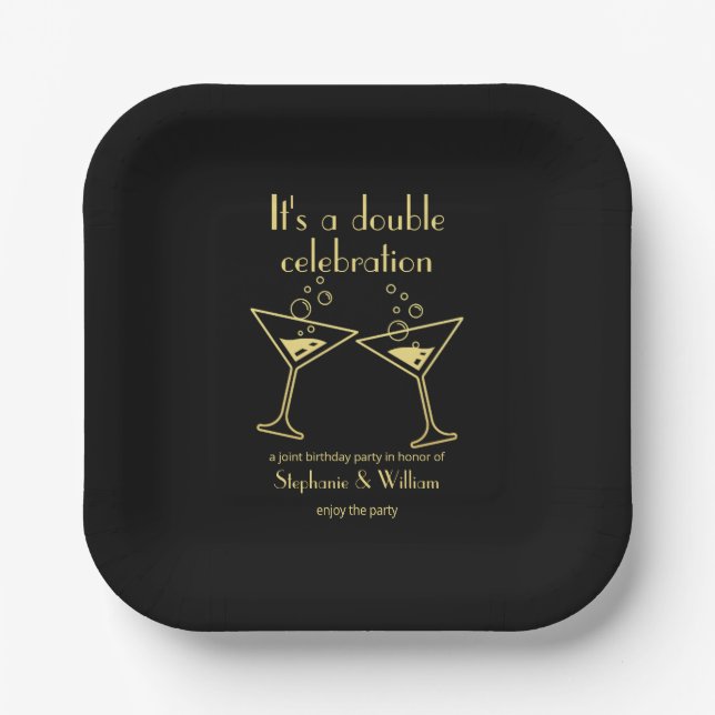 Modern Black Double Celebration Joint Birthday Paper Plate (Front)