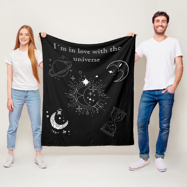 Modern black drawing universe pattern for him fleece blanket (In Situ)