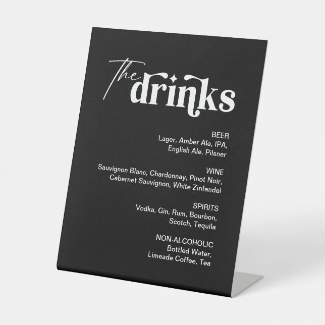 Modern Black Drink Menu Wedding Bar  Pedestal Sign (Front)