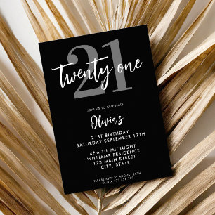 Modern Black Elegant 21st Birthday Invitation