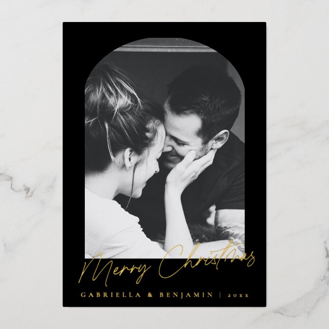 Modern Black Elegant Arch Photo Christmas Gold Foil Holiday Card (Front)