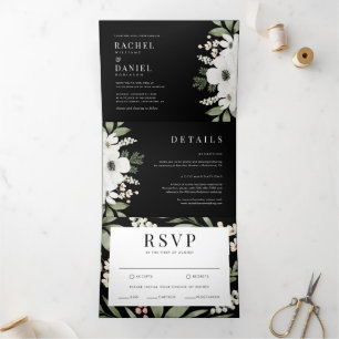 Modern Black Elegant Floral Botanical Wedding Tri-Fold Invitation