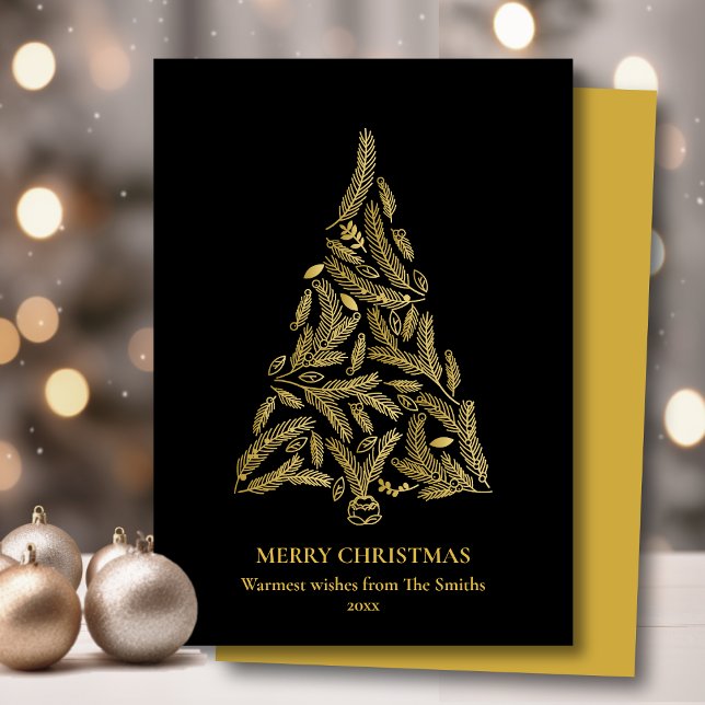 Modern Black Elegant Gold Pine Bough Tree Simple Holiday Card (Creator Uploaded)