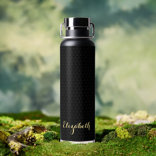 Modern Black Elegant Gold Script Chic Custom Name Water Bottle