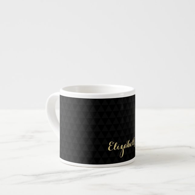 Modern Black Elegant Gold Script Chic Monogrammed Espresso Cup (Front Left)