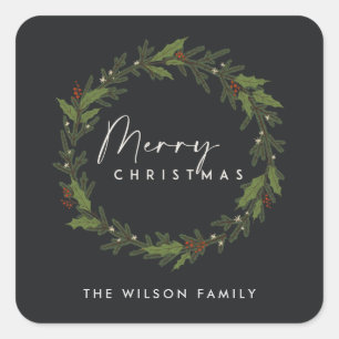 MODERN BLACK ELEGANT HOLLY BERRY WREATH CHRISTMAS SQUARE STICKER