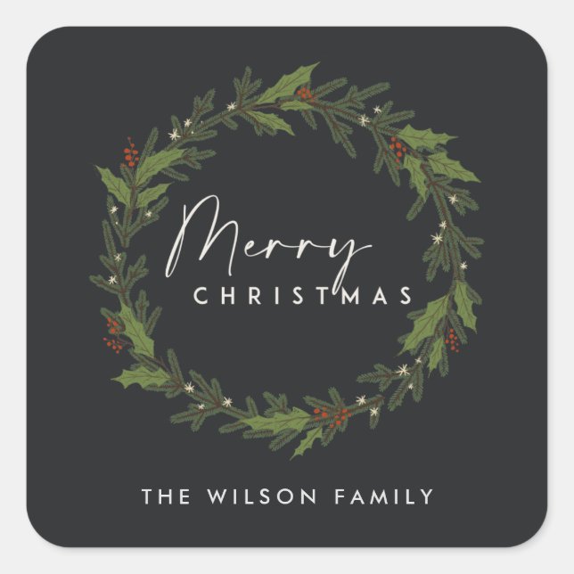 MODERN BLACK ELEGANT HOLLY BERRY WREATH CHRISTMAS SQUARE STICKER (Front)