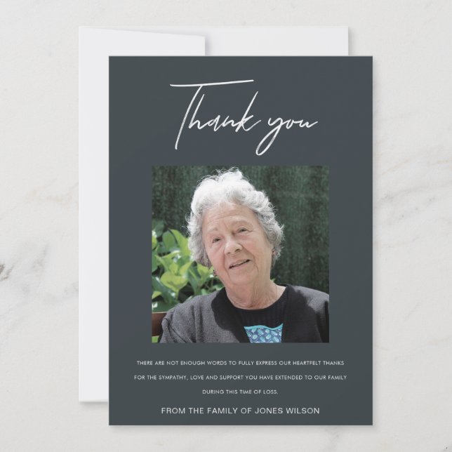 MODERN BLACK ELEGANT PHOTO SYMPATHY MEMORIAL THANK YOU CARD (Front)