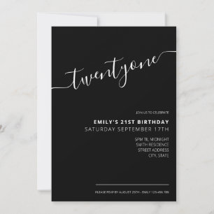 Modern Black Elegant Script 21st Birthday Invitation