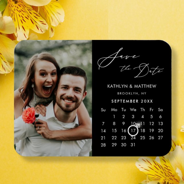 Modern Black Elegant Script Photo Save the Date Magnet (Creator Uploaded)