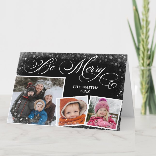 Modern Black Elegant Script Snowflakes Bokeh Flare Holiday Card (Creator Uploaded)
