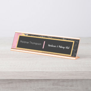 Modern Black Elegant Trendy Pink Marble Script Desk Name Plate