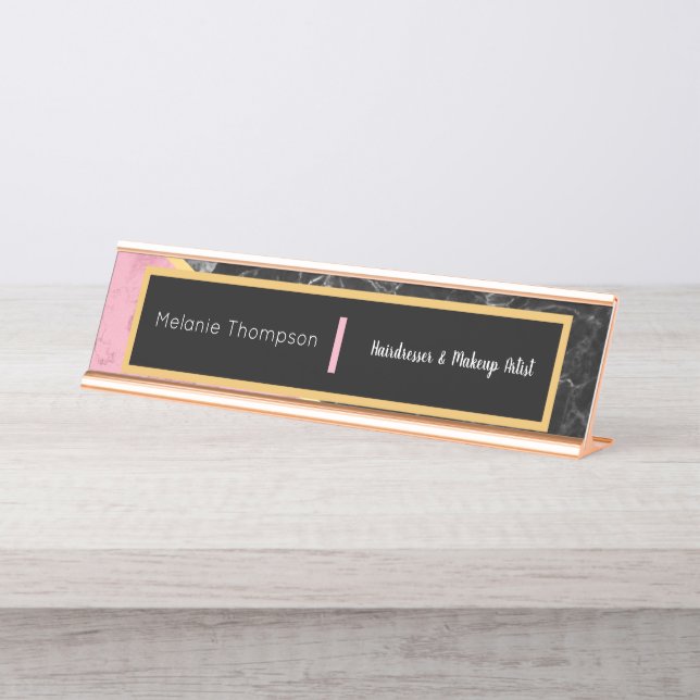 Modern Black Elegant Trendy Pink Marble Script Desk Name Plate (Front)