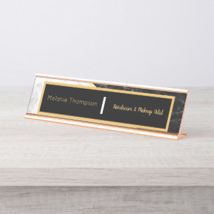 Modern Black Elegant Trendy White Marble Script Desk Name Plate