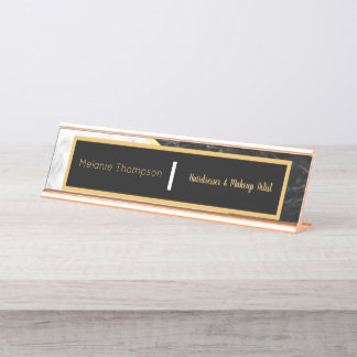 Modern Black Elegant Trendy White Marble Script Desk Name Plate