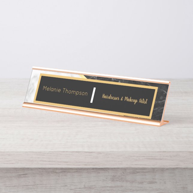 Modern Black Elegant Trendy White Marble Script Desk Name Plate (Front)
