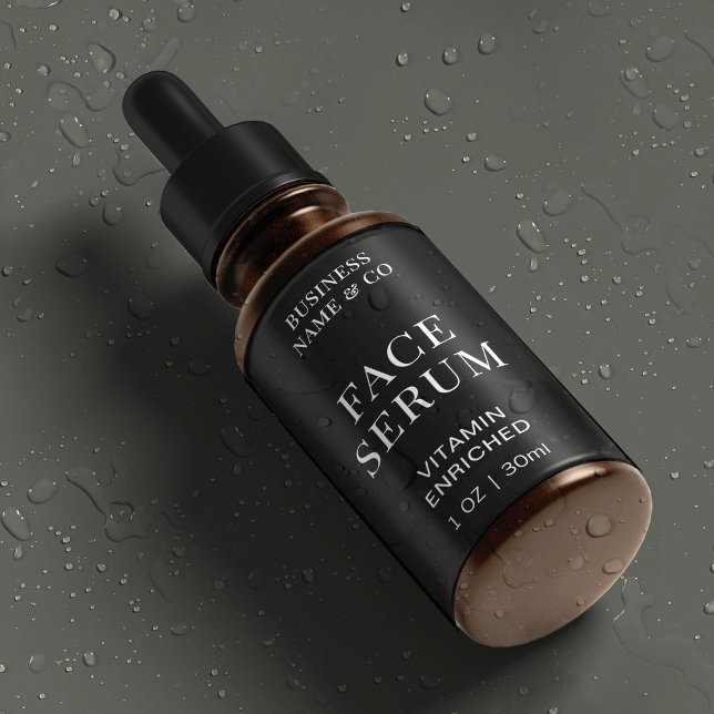 Modern Black Face Serum 1 OZ Bottle Waterproof (Minimalist black and white cosmetic bottle wrap around waterproof and scratch-proof label )
