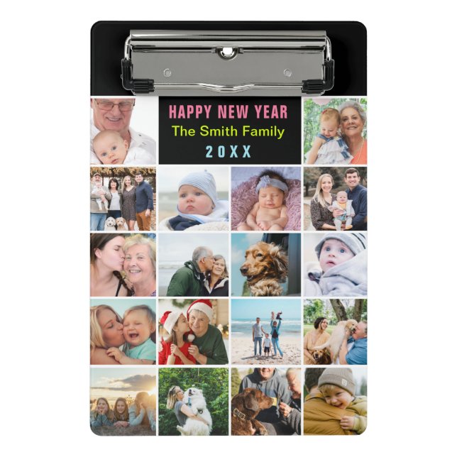 Modern Black Family Photo Collage Custom Text Mini Clipboard (Front)