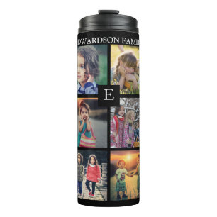 Modern black family photo collage family name thermal tumbler