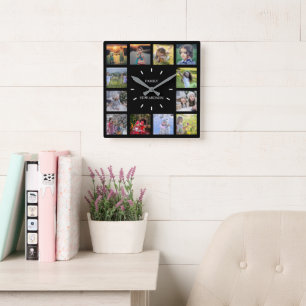 Modern black Family photo collage monogram name Sq Square Wall Clock