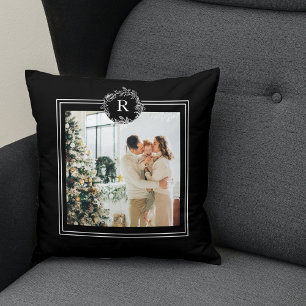 Modern Black Family Photo Initial Cushion