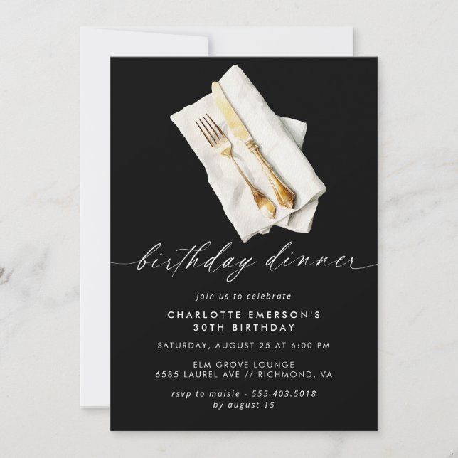 Modern Black | Fancy Script Birthday Dinner Party Invitation (Front)