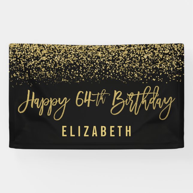 Modern Black Faux Gold Glitter 64th Birthday Banner (Horizontal)