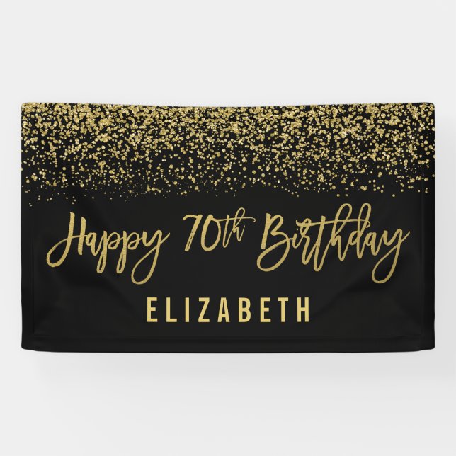 Modern Black Faux Gold Glitter 70th Birthday Banner (Horizontal)