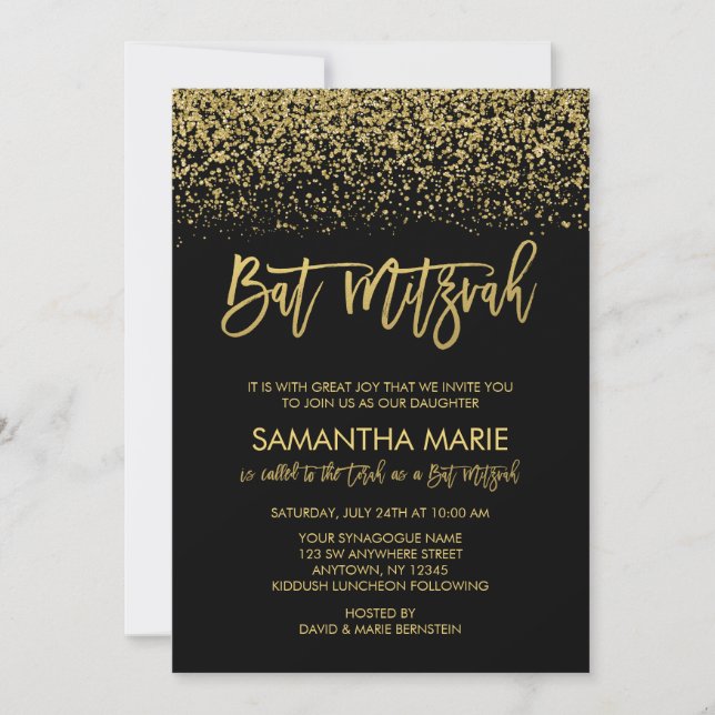 Modern Black Faux Gold Glitter Bat Mitzvah Invitation (Front)