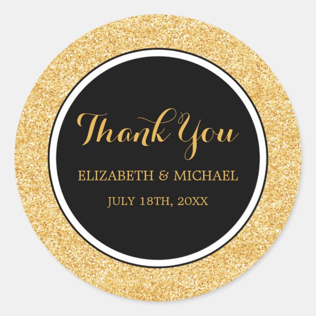 Modern Black Faux Gold Glitter Wedding Thank You Classic Round Sticker (Front)