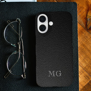 Modern Black Faux Leather White Monogram Initials iPhone 16 Case