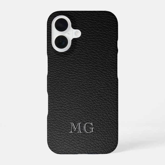 Modern Black Faux Leather White Monogram Initials iPhone 16 Case (Back)