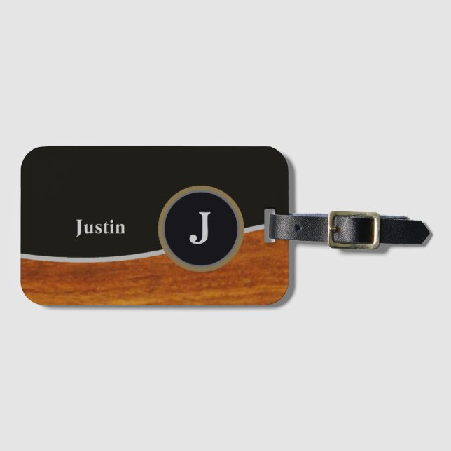 Modern Black/faux wood monogram Luggage Tag (Front Horizontal)