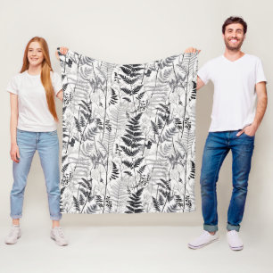 Modern black fern pattern fleece blanket